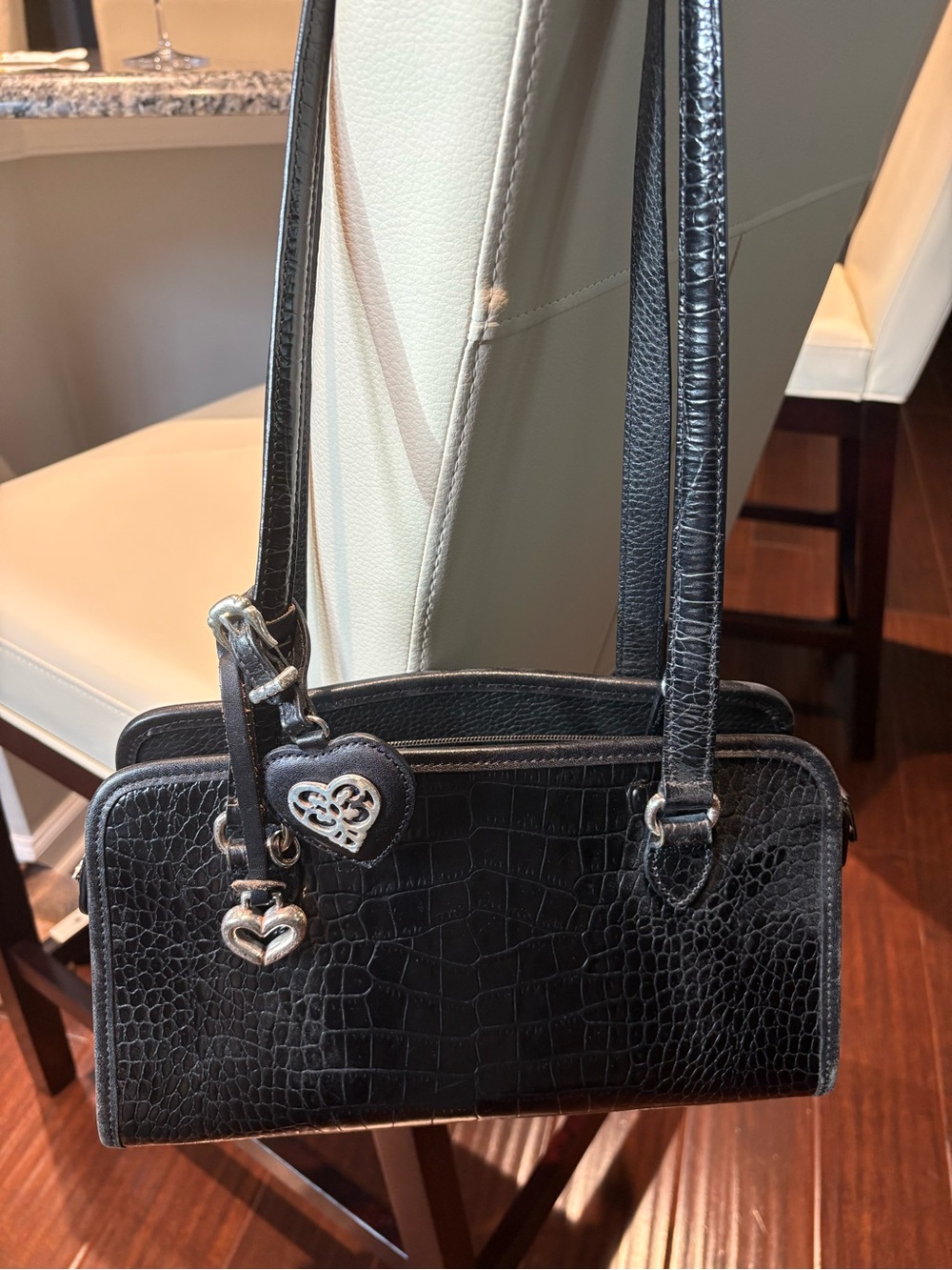 Brighton Black Croc-Embossed Shoulder Bag with Heart Charms